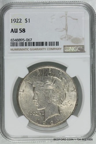 NGC AU58 1922 PEACE SILVER DOLLAR $1 (BC67)