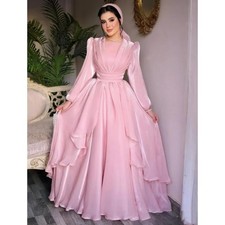 Pink Muslim Wedding Dresses High Neck Satin Tulle Long Sleeve A Line Bridal Gown