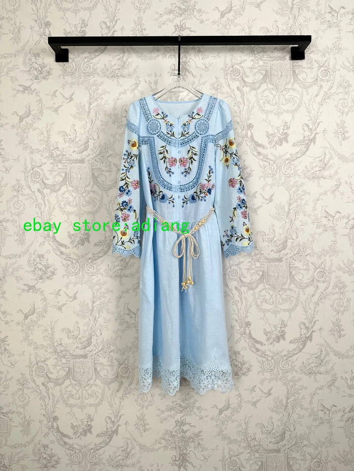 Lino Bordado Moda Manga Larga Grande Columpio Cuello Redondo Camisa Vestido Mujer Foto 3 de 4