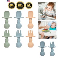 Baby Spoons and Forks Feeding Set, 6 Pack Silicone First Stage Self Feeding T...