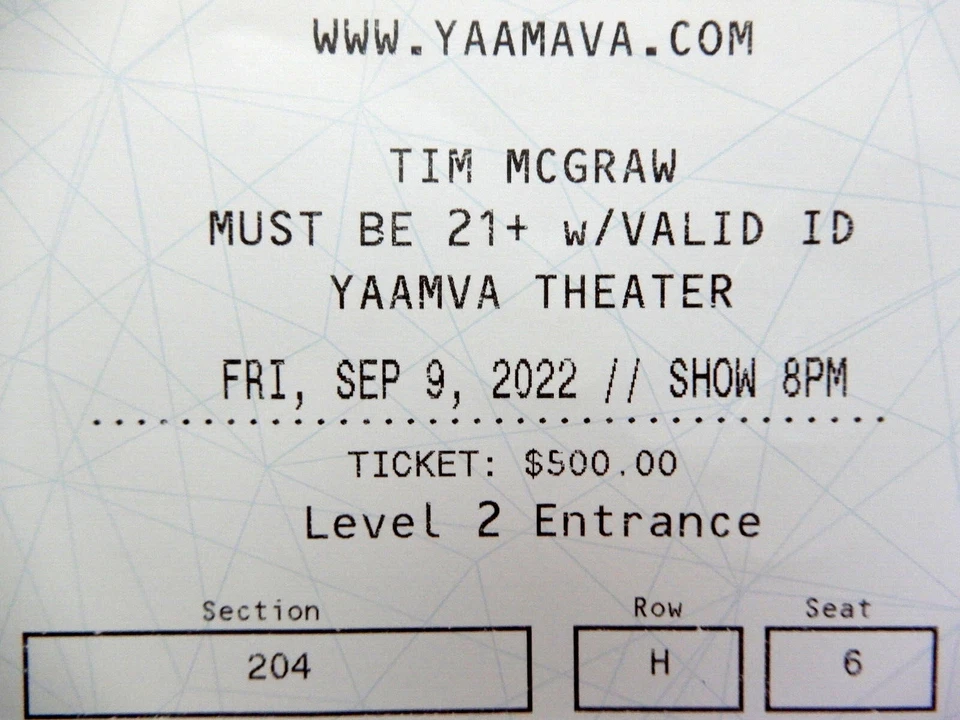 TIM MCGRAW Concert UNUSED Ticket Stub 9/9/2022 YAAMAVA RESORT & CASINO Highland - Image 4 of 4