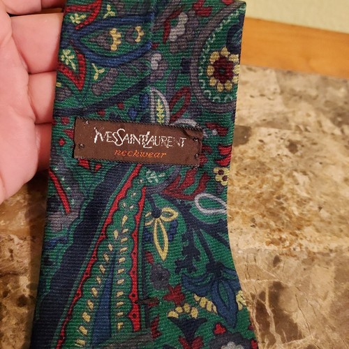 Vintage Yves Saint Lauren Tie Mens 57x3 Wool Silk Blend Paisley Colorful Green - 第 6/8 張圖片