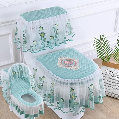 3 Pcs/set Floral Lace Mesh Velvet Toilet Seat Cover Zipper Lid Pads Protector - Picture 6 of 24