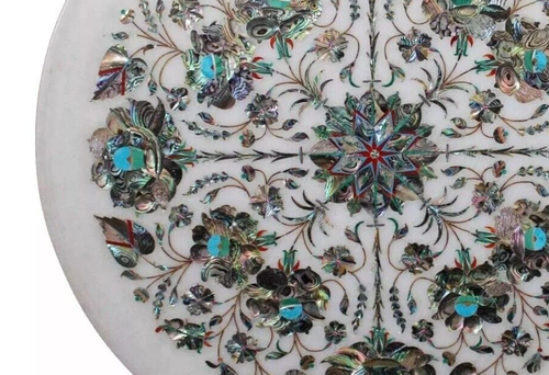 12" White Marble Plate Inlay Work Stone Pietra Dura Handmade Home Decors - Picture 5 of 8