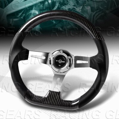 343MM REAL CARBON FIBER GRIP LEATHER W-POWER 3'' DEEP DISH SPOKES STEERING WHEEL