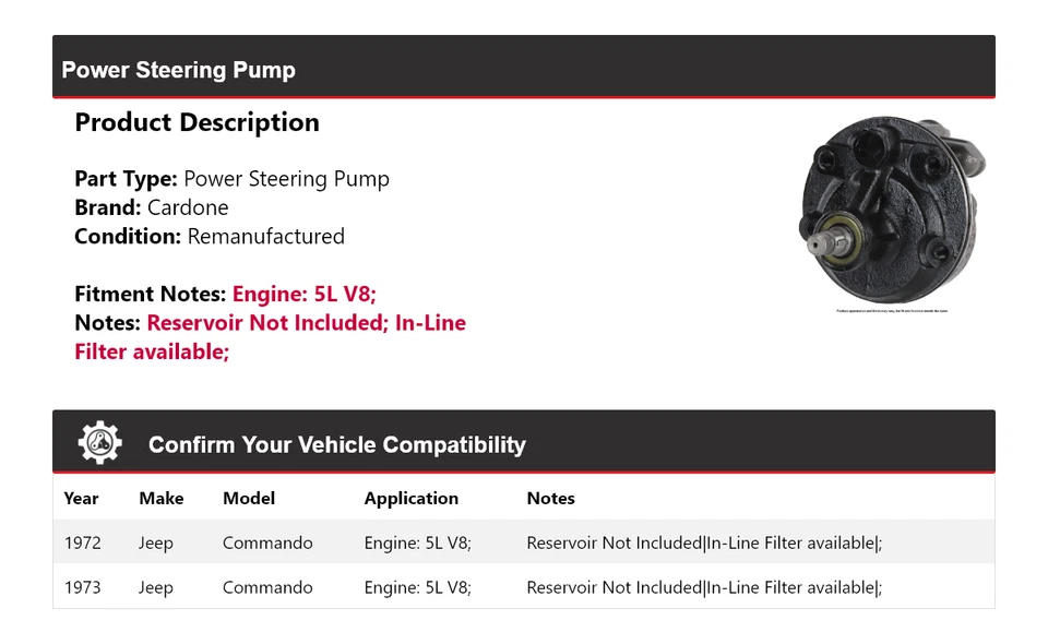 Bomba de dirección asistida Cardone para Jeep Commando 1972-1973 5L V8 Foto 2 de 4