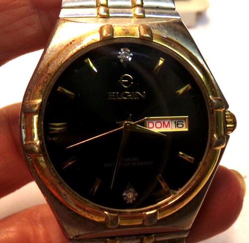 Elgin DIAMOND Mens Watch WATER RESISTENT 100 Day/Date LANGUAGE? needs battery