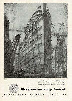 1940s Vintage Vickers Armstrongs Cruise Ship Barrow Shipyards Boat Art Print Ad