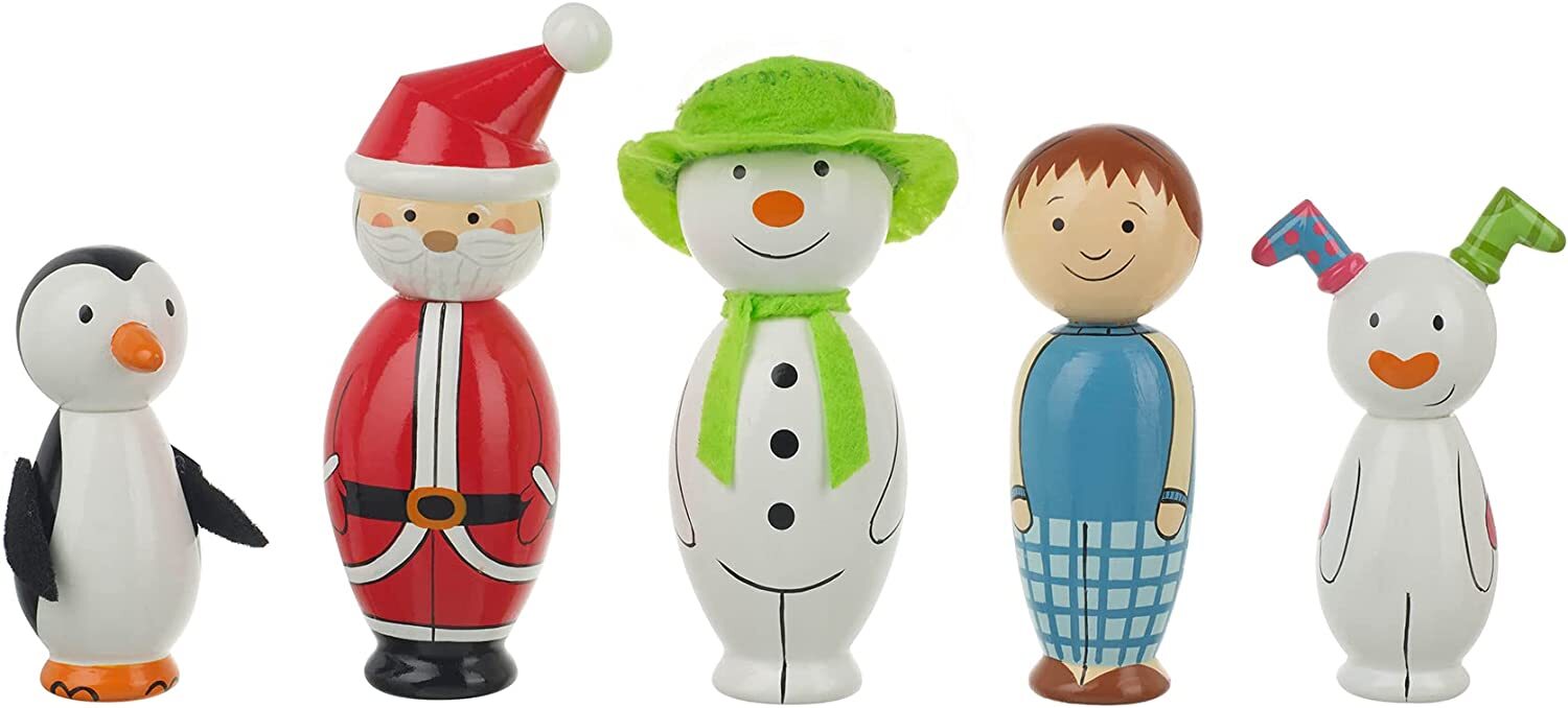 Деревянные кегли для боулинга Снеговик и снежный пес - Набор для игры в кегли для детей