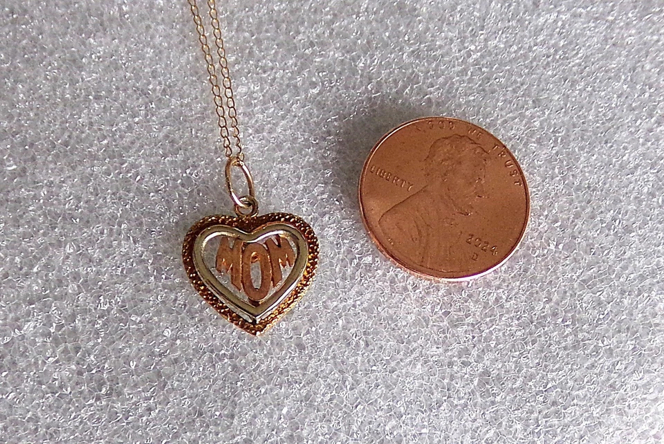 14k золото трехцветный желтый белый Роза сердце в форме мамы ожерелье 1984 - Изображение 4 из 4