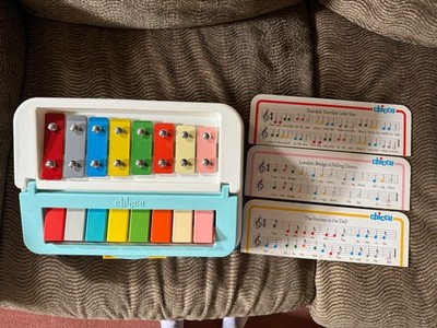 Vintage Chicco piano xylophone keyboard with sticks & music cards