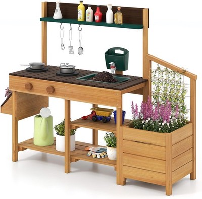 HONEY JOY Cedar Mud Kitchen with Running Water for Toddlers