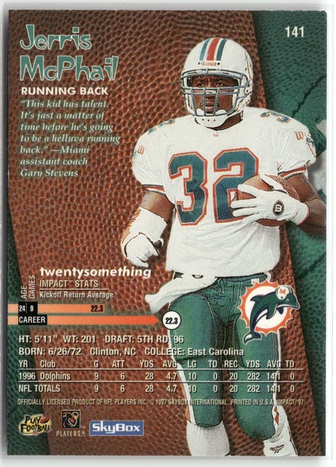 1997 SKYBOX IMPACT JERRIS MCPHAIL MIAMI DOLPHINS #141 - Image 2 of 3