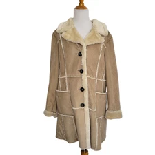 Big Chill Penny Lane Coat Tan Faux Shearling Y2K Patchwork Women Large
