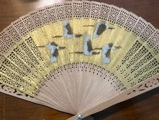 Vintage Chinese Hand Painted And wood carved fan 8  In Original Box TWO SIDED