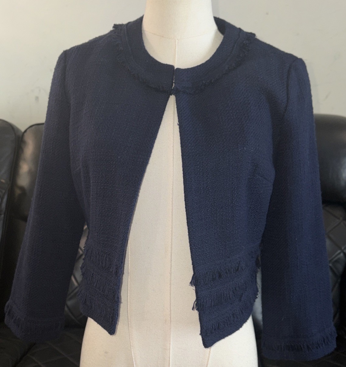 Women Karl Lagerfeld Jacket Paris XS Black Crop Blazer open Front Tweed Fringe