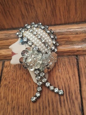 Vtg. Porcelain Faces Originals By Elvira & Jackie Flapper Pin/Brooch