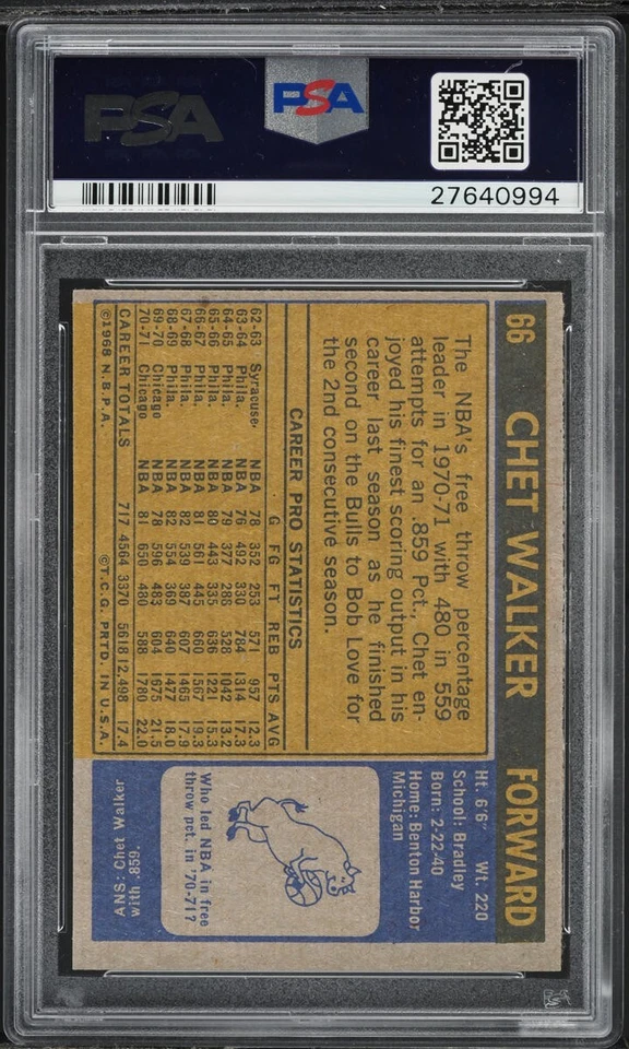 1971 Topps BkB Card # 66 Chet Walker Chicago Bulls HOF VARIATION PSA 9 MINT - Image 2 of 2