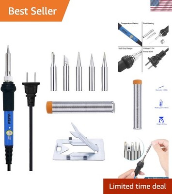 Adjustable Temperature 60W Soldering Iron Kit - 5 Tips & Stand for Electronics