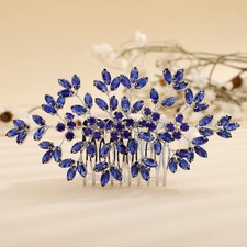 Blue Rhinestone Wedding Hair Comb Crystal Leaf Hair Piece for Women Girls