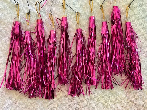 Vintage HOT PINK Christmas Metallic Tinsel Tassel Tree Ornament 6" SET OF 10
