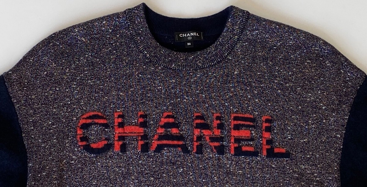 19A CHANEL NAVY METALLIC CC LOGO CASHMERE BLEND SWEATER 36 | eBay