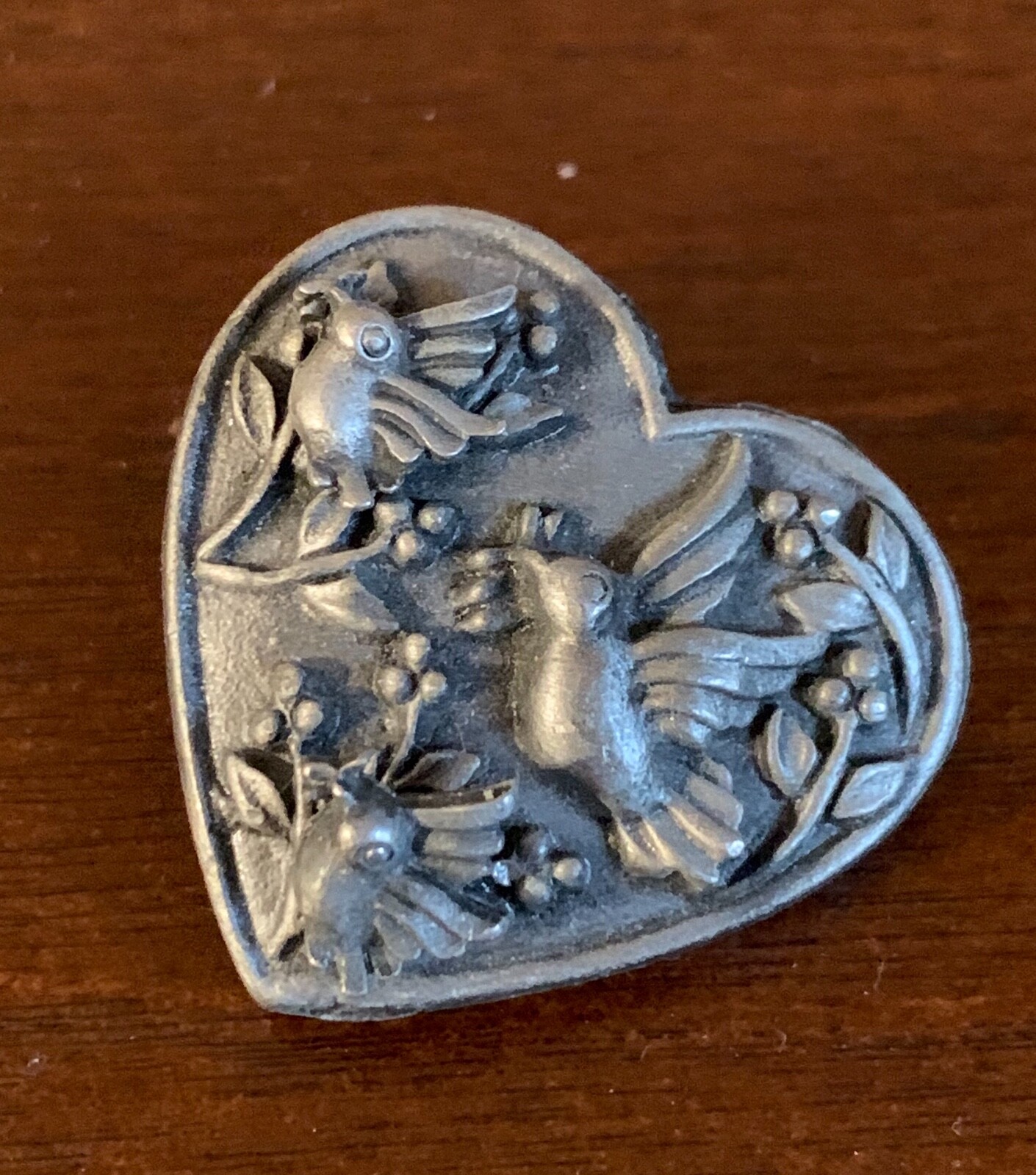 Stud Earrings & Pin Set Pretty Pewter Colored Heart  Bird Design Signed Torino-image