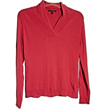 Brooks Brothers Womens Med Sweater Red Silk Cashmere V Neck Accented Collar 