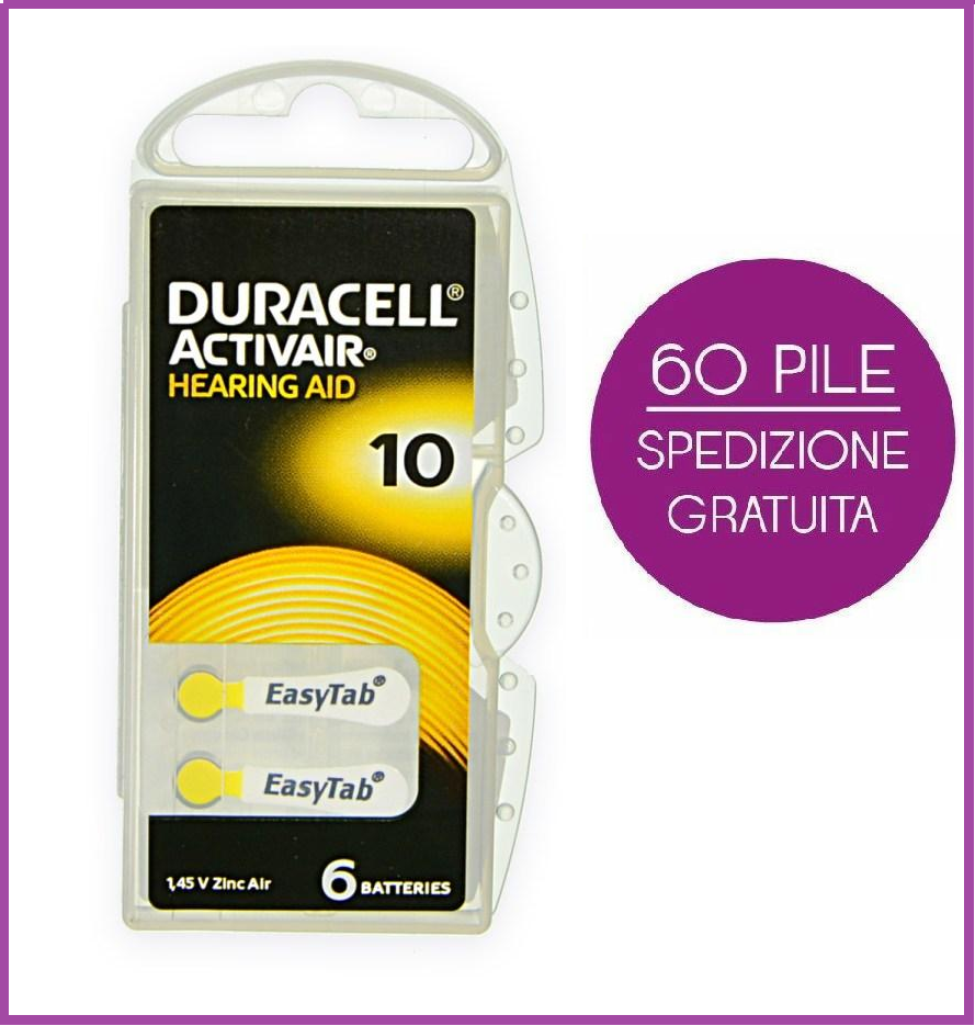 60 batterie x apparecchi acustici DURACELL ACTIVAIR mod.10 PR70 gialle corriere