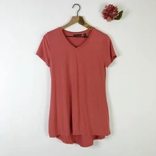 H by HALSTON Women's Tunic Top V-Neck Hi Low Short Sleeve Coral Rose XS $38