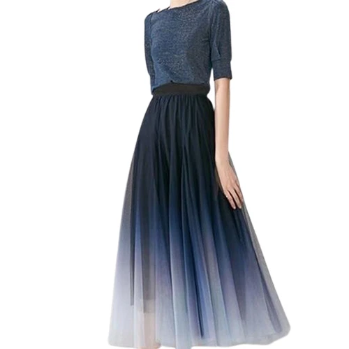 Damen Farbverlauf Rock weich atmungsaktiv Tüll Maxi hohe Taille Plissee Kleid - Bild 7 von 10