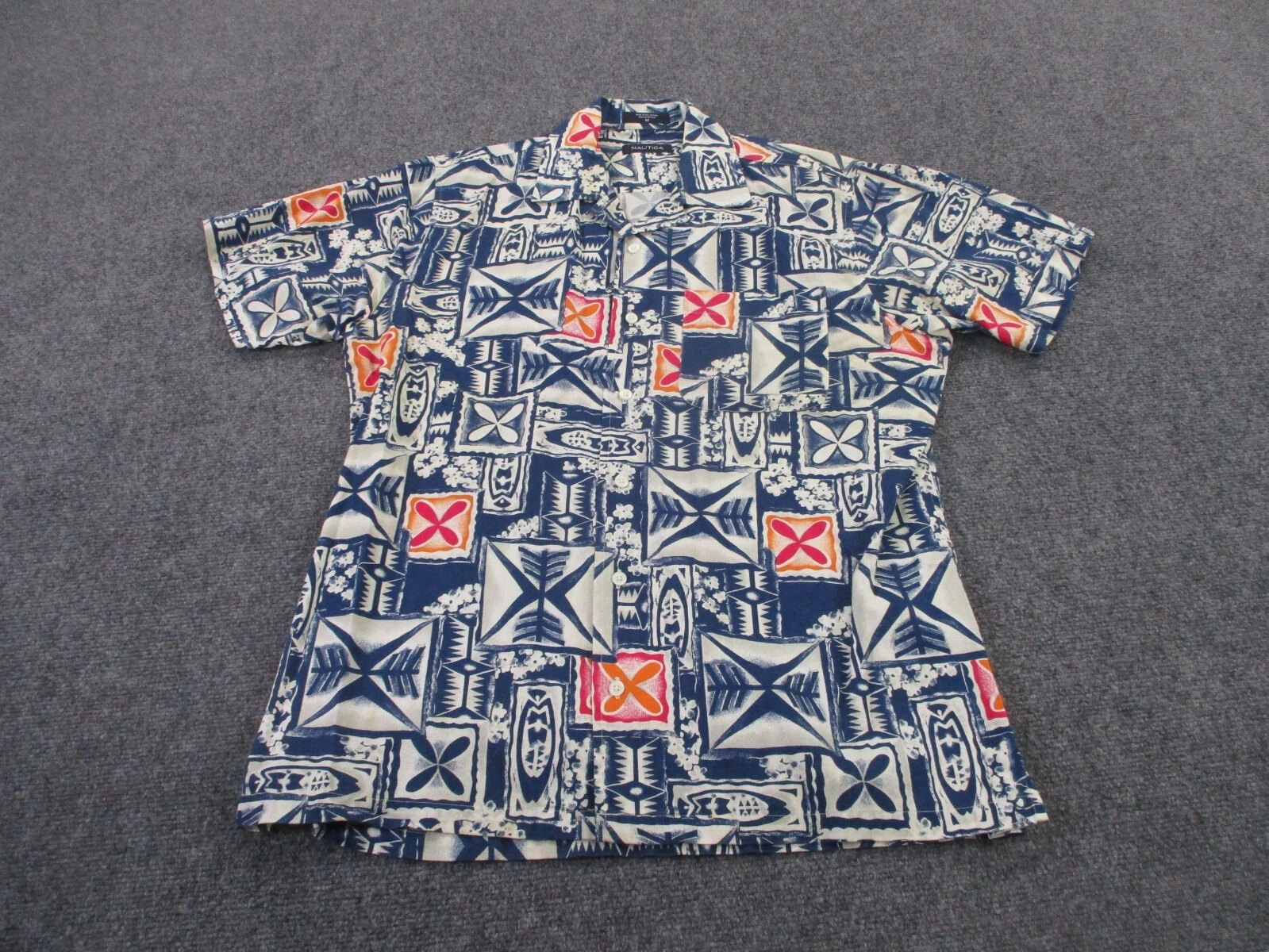 Nautica Shirt Mens M Blue Aztec Beach Vacation Golf Preppy Outdoors Vintage