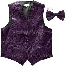 New Men's paisley formal Tuxedo Vest Waistcoat Bowtie Grape Dark purple formal