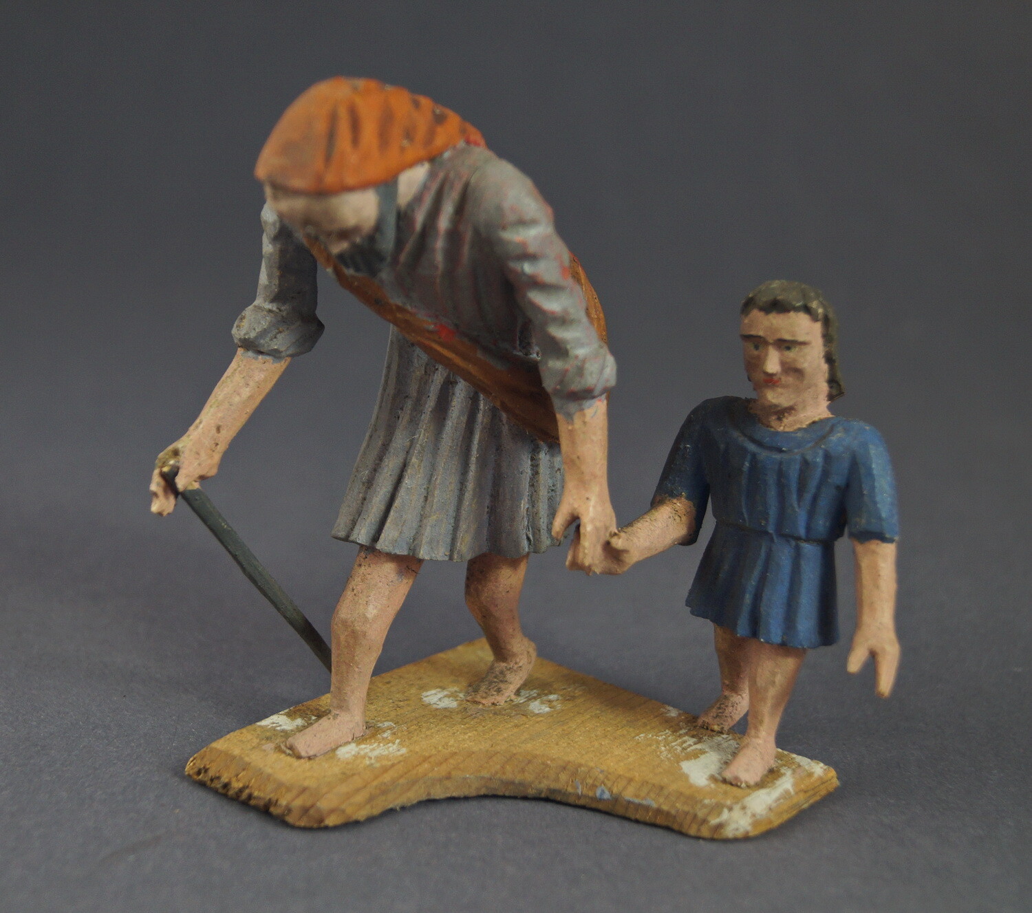 Figura De Belén, Pastor Con Niño - Siglo XIX - Tallado En Madera (# 12674)