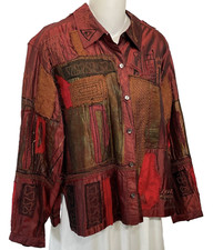 Chico's Jacket Size 1 Red Silk Button Up Nothing Matches Patchwork Lagenlook S M