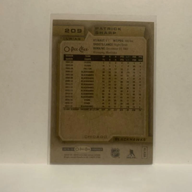 #209 Patrick Sharp Chicago Blackhawks 2018-19 O-Pee-Chee Hockey Card JN - Image 2 of 2