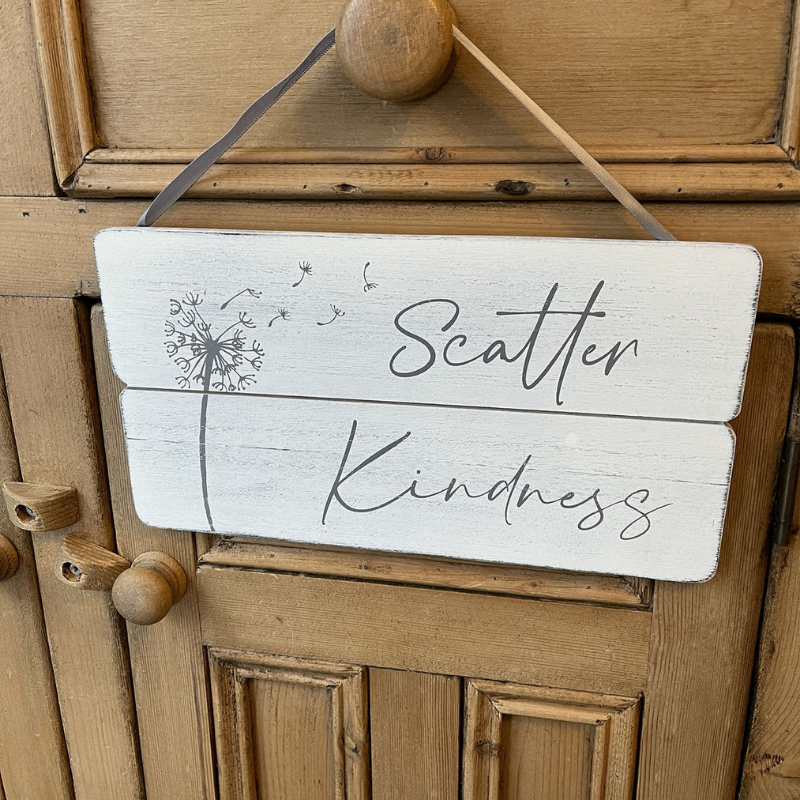 White Scatter Kindness Wooden Shabby Chic Hanging Sign Plaque Decoration29cm