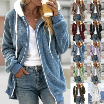 Damen Kapuze Teddybär flauschig Reißverschluss Mantel Fleece Jacke Oberbekleidung Tops Übergröße
