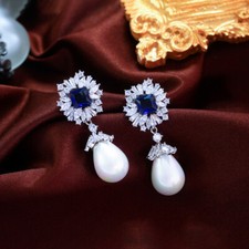 Blue Square Cubic Zirconia Long Pearl Dangle Drop Earrings Silver Plated Wedding