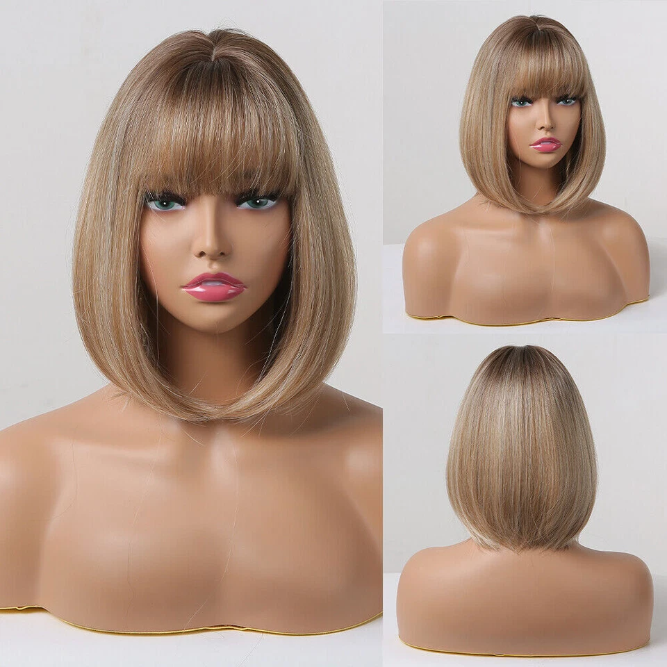Short Straight Bob Synthetic Wigs with Bangs Brown Blonde Daily Wig for Women - Image 4 of 4