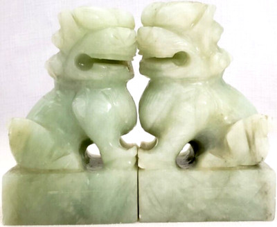 Old/Traditional Chinese Carved WHITE JADE FOO DOG Figurines/Bookends, 4'' Tall