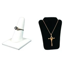 White Faux Leather Ring Finger, Black Velvet Padded Necklace Bust Jewelry