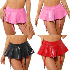 Womens Clubwear Faux Leather Skirts A-Line Miniskirt Suspender Adult Shiny