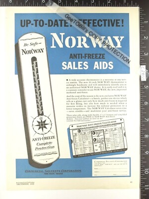 1936 ADVERTISEMENT, Norway anti-freeze 39'' thermometer for gas service stations