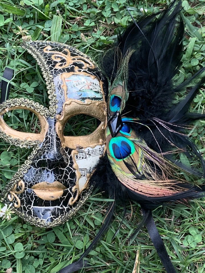 Vintage UNIQUE Mardi Gras Masks PEACOCK & VENICE MUSIC Italian SET 2 💜sj7m5s - Image 4 of 4