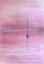 Original Artworks Modern Painting LANDSCAPE PINK YACHT SEA Seascape Signed A5