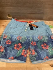 Margaritaville Men’s Swim Trunks Beach Shorts Hibiscus Print Size L Blue New
