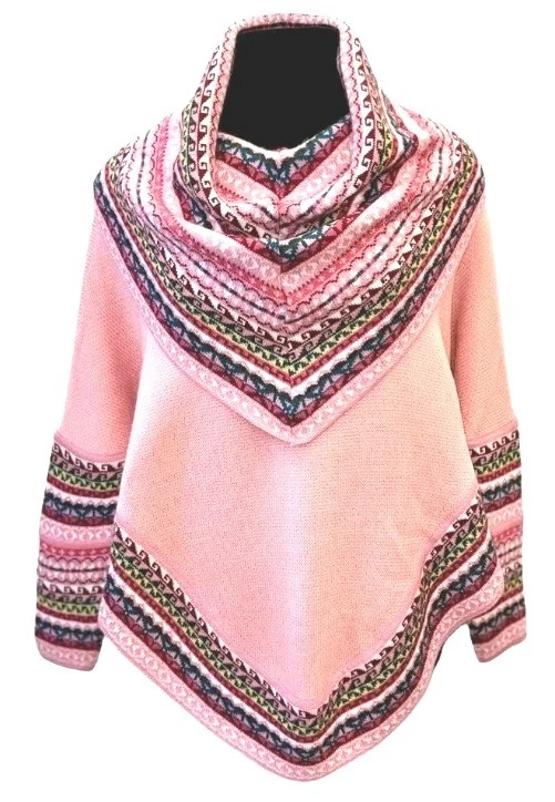 Jahuari Peruvian Alpaca Knit Pink Poncho Cowl Neck Cape Sweater One Size Peru