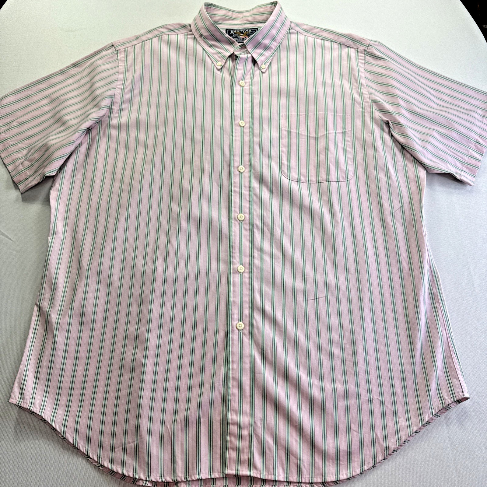American Living Mens XL Shirt Short Sleeve Button Down Pink Green Striped#0296