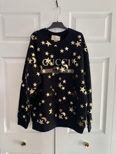 Gucci Black/Gold Star Moon Logo Crewneck Fleece Sweatshirt Size M